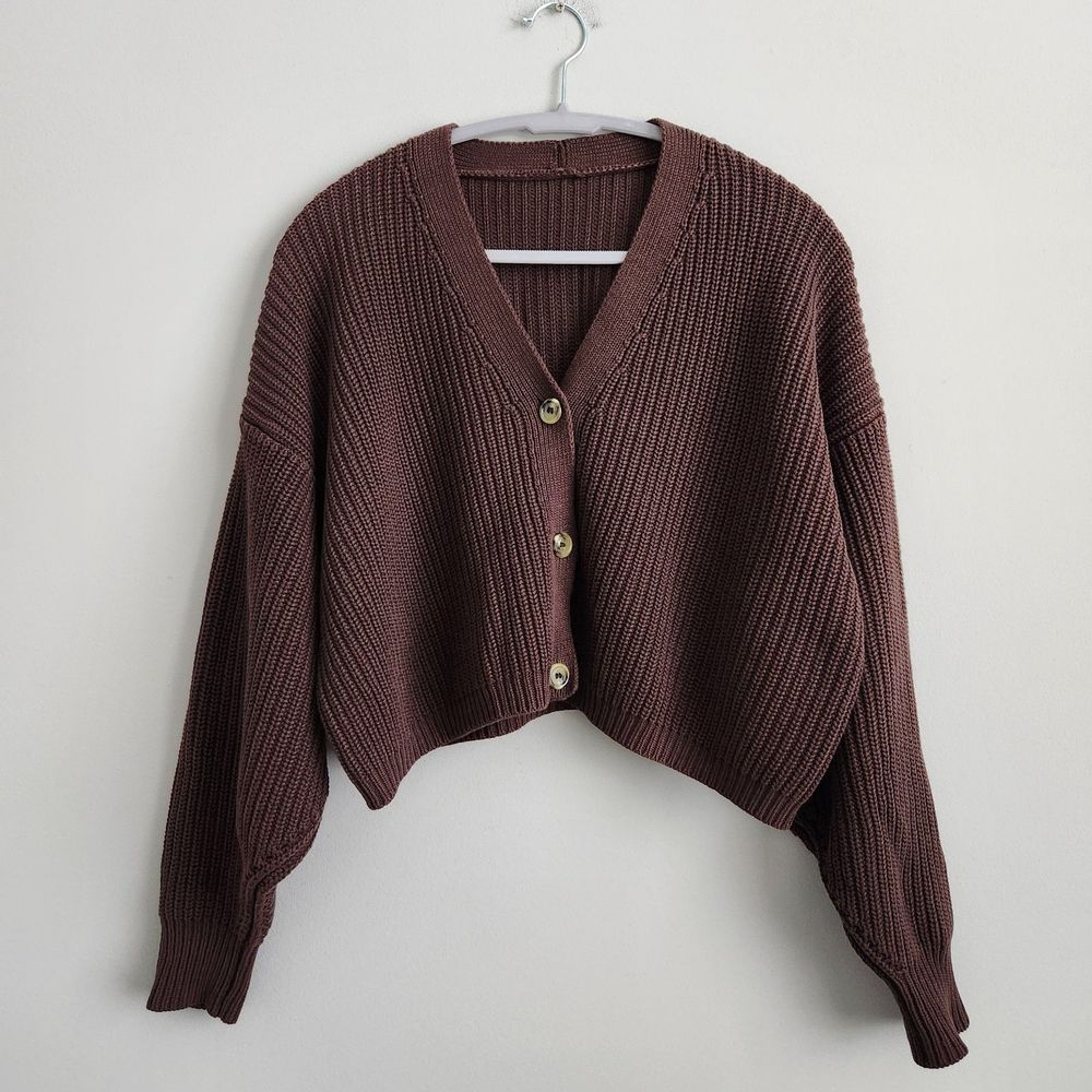Los Angeles Apparel Fisherman Cropped Chunky Cardigan in Chocolate Brown